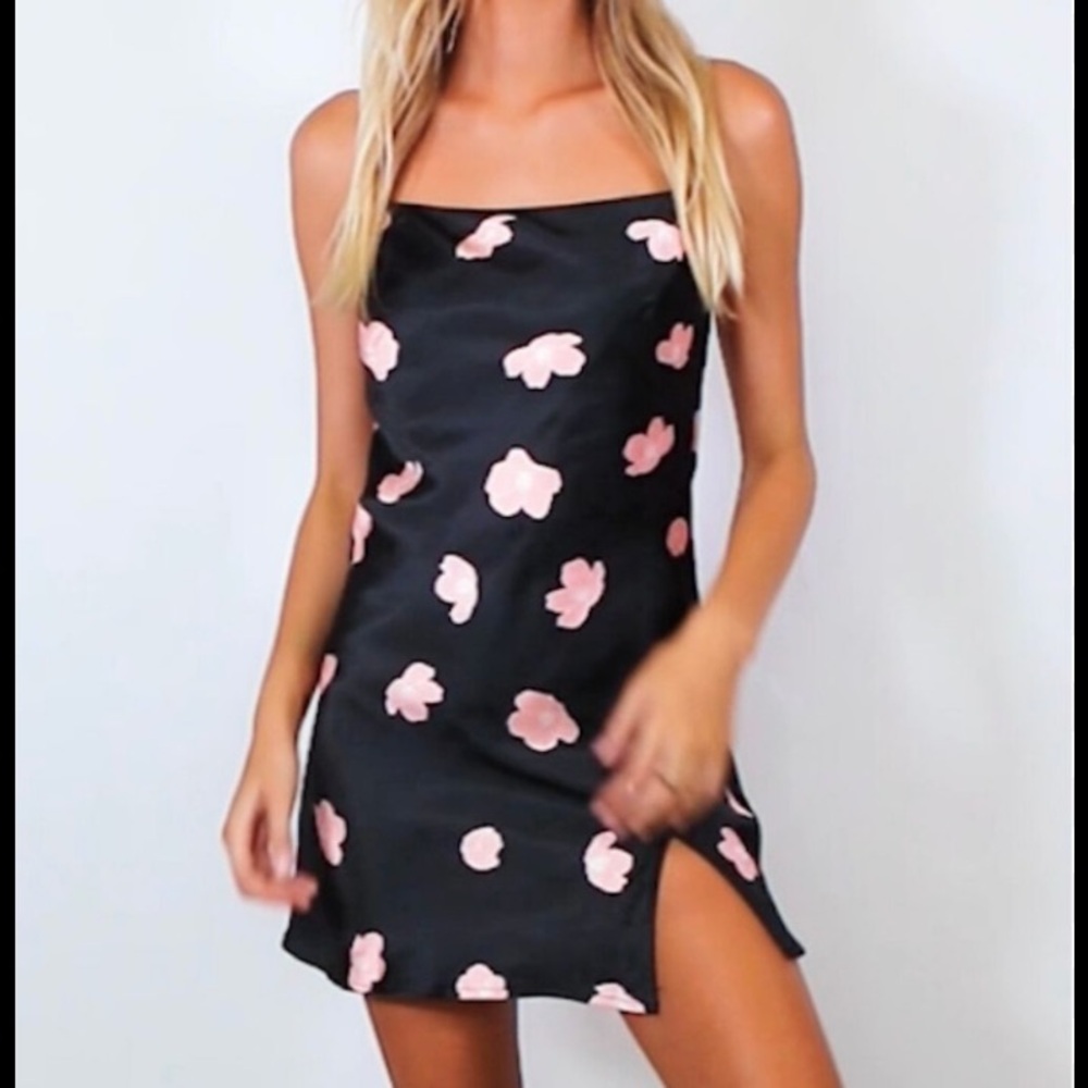 New Princess Polly Black Satin Effect Floral Mini Dress with slit